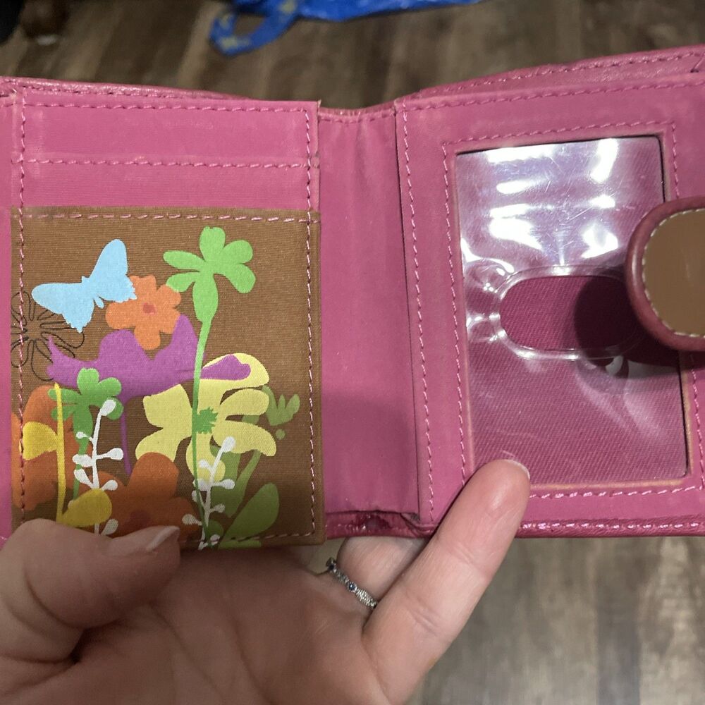 Vintage Fossil  Tri-Fold Wallet Butterfly Garden Pattern Pink Brown - Picture 7 of 13